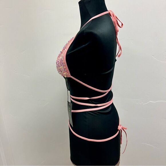 Club Exx x Dolls Kill triangle bikini top coral stretch sparkle festival szL - Picture 9 of 15